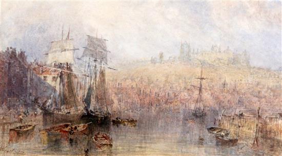 George Weatherill (1810-1890) Shipping in Whitby Harbour, the abbey beyond, 4.5 x 8in.